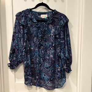 Anthropologie Blue Puff Sleeve Bib Collar Blouse